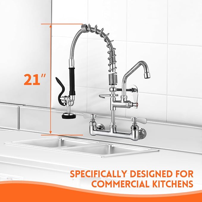 Commercial Kitchen Faucet with Sprayer 21" Height 8" Adjustable Center 8" Swing Spout, Wall Mount Kitchen Sink Faucet with Pull Down Pre-Rinse Sprayer