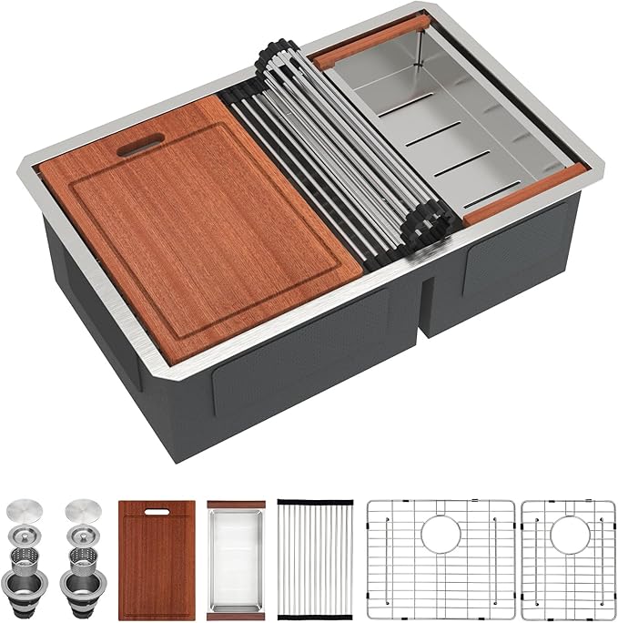 Sarlai 28 Inch Undermount Double Bowl Sink - Stainless Steel 16 Gauge Workstation Sink Low Divide 60/40 Basin
