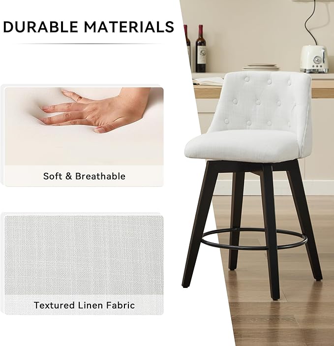 25" Swivel Bar Stools Set of 2-Modern Counter Height Chairs with Linen Upholstery&Button Tufted Back, Solid Wood Frame Barstools for Kitchen Island