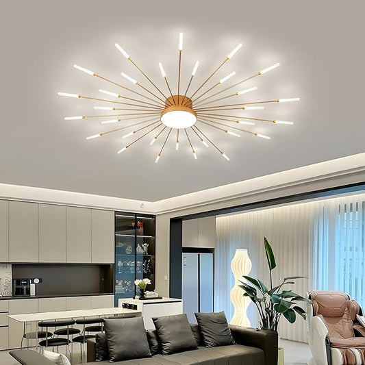 JAYMP 50.4" Ceiling Light Modern Flower Shape Ceiling Lamp for Living Room Dining Room Flush Mount Metal Acrylic Sputnik Firework Petal LED Lighting Fixture (Matte Gold, 30+1 Lights)
