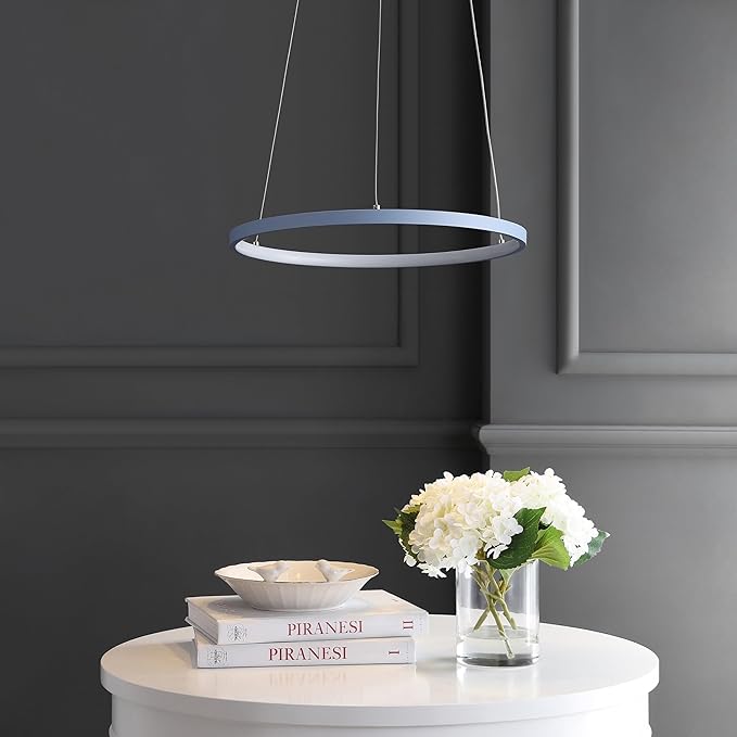 JONATHAN Y 15.75" Blue Modern Integrated LED Pendant Light, Dimmable Round Hoop Chandelier for Kitchen Island, Dining Room, Adjustable Height Metal Hanging Light (JYL7202D)
