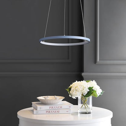 JONATHAN Y 15.75" Blue Modern Integrated LED Pendant Light, Dimmable Round Hoop Chandelier for Kitchen Island, Dining Room, Adjustable Height Metal Hanging Light (JYL7202D)