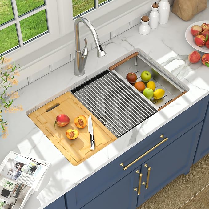 Lordear 32 Granite Composite Kitchen Sink Undermount 32"x19" White Kitchen Sink Deep Single Bowl Under Counter Workstation Sinks with Accessories