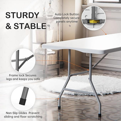 Folding Table 6 Foot for Indoor Outdoor, Portable Heavy Duty Fold-in-Half Utility Plastic Foldable Dining Table with Carrying Handle for Picnic, Camping and Party, White