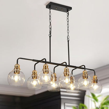 KSANA 40" Large Rectangular Linear Chandelier, 8-Light Black Gold Kitchen Island Lighting with Seeded Glass Mid-Century Modern Dining Room Light Fixtures for Living Room, Kitchen, Hallway, Bedroom