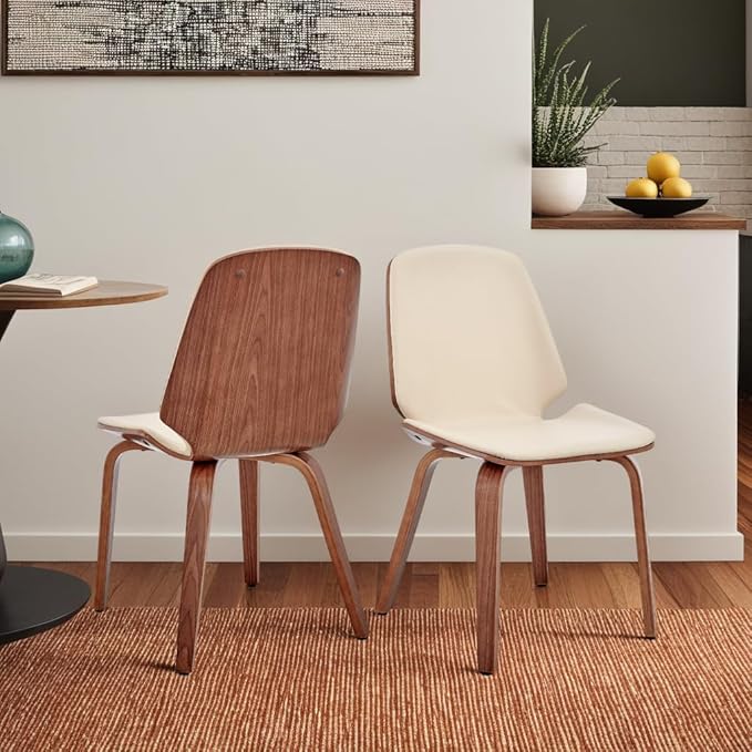 Armen Living Brinley Mid Century Modern Cream Faux Leather and Walnut Wood Dining Room Accent Side Chair for Kitchen Table Desk Vanity