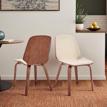 Armen Living Brinley Mid Century Modern Cream Faux Leather and Walnut Wood Dining Room Accent Side Chair for Kitchen Table Desk Vanity