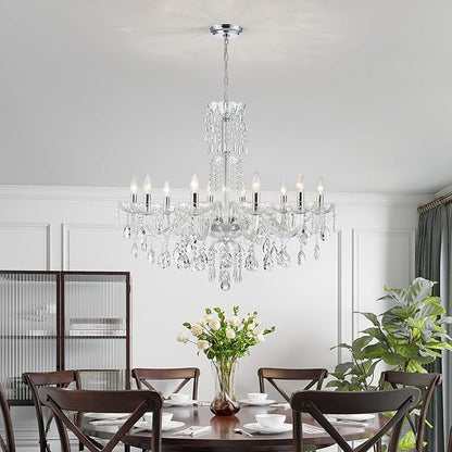 WUZUPS 10-Light Crystal Candle Chandelier Pendant Ceiling Light Modern Lighting Fixture for Bedroom Hallway Bar Kitchen Bathroom, H 26.7" W 33.9", E12 Base, Chrome