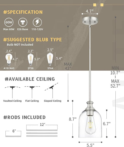 AUTELO Brushed Nickel Pendant Lights, 1-Light Kitchen Pendant Lighting with Clear Cylinder Glass, Modern Pendant Lights Kitchen Island with Adjustable Rods, H2511 CLST