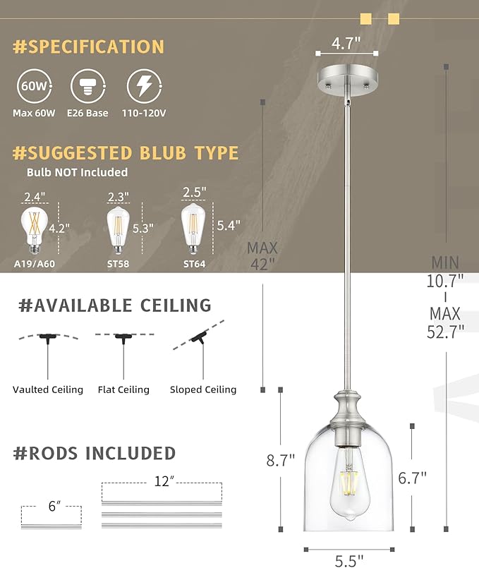 AUTELO 2 Pack Brushed Nickel Pendant Lights, Glass Pendant Lights Kitchen Island with Clear Cylinder Glass, Industrial Pendant Lighting with Adjustable Rods, H2511 CLST 2PK