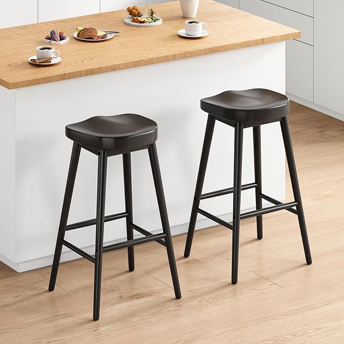 30.3'' Solid Wood Bar Stools, Set of 2, Backless Seat Counter Stools with Footrests, Rustic Bar Chairs for Kitchen Island Dining Room