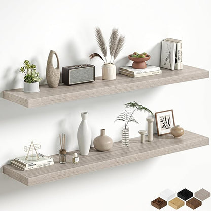Gray Floating Shelves for Wall, 55 Inch Floating Shelves Set of 2, Wall Mounted Rustic Wood Shelf for Bathroom, Living Room, Bedroom and Kitchen, Hanging Shelf for Storage, Books, Home Decor