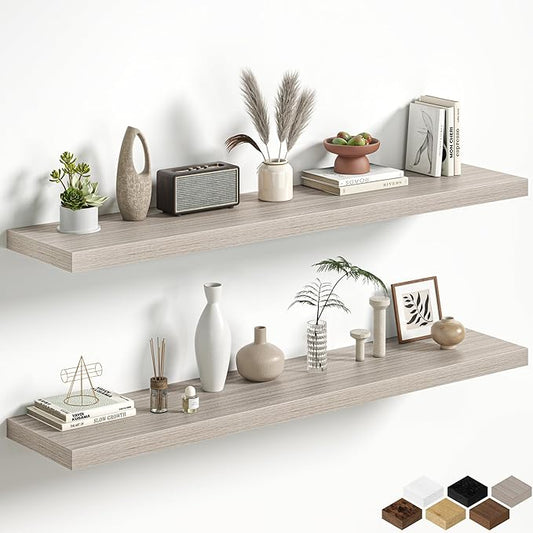 Gray Floating Shelves for Wall, 55 Inch Floating Shelves Set of 2, Wall Mounted Rustic Wood Shelf for Bathroom, Living Room, Bedroom and Kitchen, Hanging Shelf for Storage, Books, Home Decor