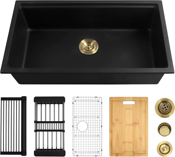 Black Undermount Kitchen Sink 30 Inch - Drop In Granite Quartz Composite Workstation Sink - Deep Single Bowl,Dual Mount,with Accessories