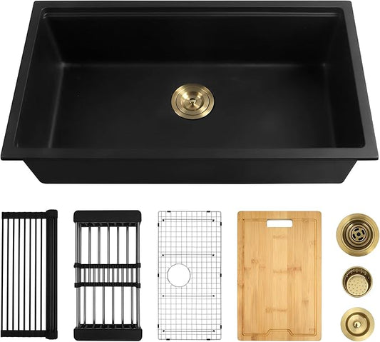 Black Undermount Kitchen Sink 30 Inch - Drop In Granite Quartz Composite Workstation Sink - Deep Single Bowl,Dual Mount,with Accessories