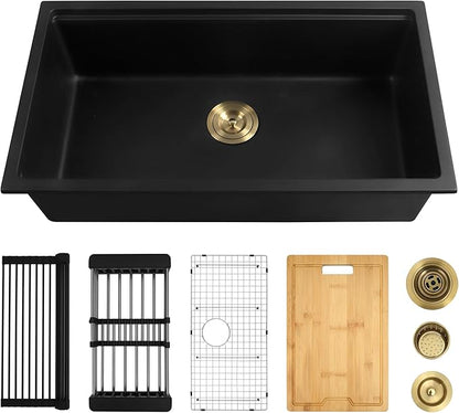 Black Undermount Kitchen Sink 32 Inch - Drop In Granite Quartz Composite Workstation Sink - Deep Single Bowl,Dual Mount,with Accessories (Black, 32" x 18")