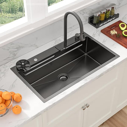 Sarlai Waterfall Kitchen Sink - 33 Inch Drop In Workstation Sink With Waterfall Black Stainless Steel 16 Gauge Multifunction Single Bowl Smart Top Mount Kitchen Sinks with Mechanical Keys 33x19x9 Inch