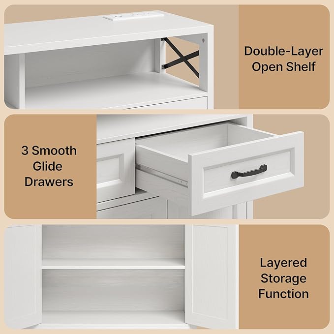 Ahomly 51" Buffet Cabinet with Adjustable Storage, Charging Port - 3 Drawers & 4 Doors Large Sideboard, Multi - Scene Coffee Bar/Microwave Stand for Kitchen,Living Room,Entryway（White）