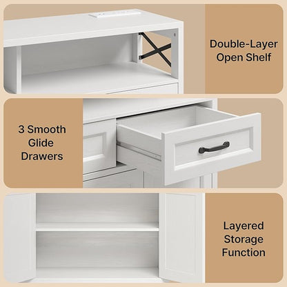 Ahomly 51" Buffet Cabinet with Adjustable Storage, Charging Port - 3 Drawers & 4 Doors Large Sideboard, Multi - Scene Coffee Bar/Microwave Stand for Kitchen,Living Room,Entryway（White）