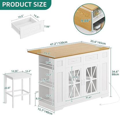 YITAHOME Kitchen Island with Seating, 47 Inch Mobile Storage Island with Drop Leaf, Rolling Islands Table with Power Outlet & Spice Rack, 2 Upholstered Stools and Footrest, for Dining Room, White Oak