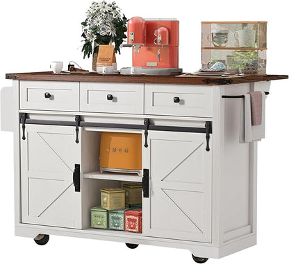 Merax 53.7" Kitchen Cart Island on Wheels with Power Outlet,Drop Leaf and 2 Sliding Barn Door,Farmhouse Style Storage Cabinet for Dining Room