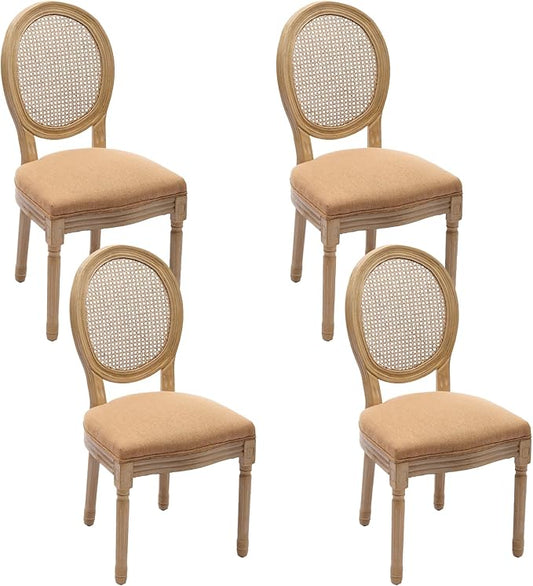 Linen Wooden Dining Chair Set of 4, Upholstered Farmhouse Dining Chair with Solid Wood Frame, Kitchen & Dining Room Chairs for Living Room, Restaurant, Bedroom (Tan-Rattan, Set of 4)