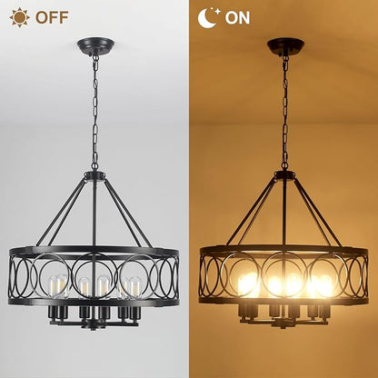 Black Farmhouse Chandelier, 6-Light Rustic Chandeliers for Dining Room Light Fixture, Drum Chandelier Round Pendant Light, Hanging Kitchen Island Lighting for Living Room, Entryway, Foyer