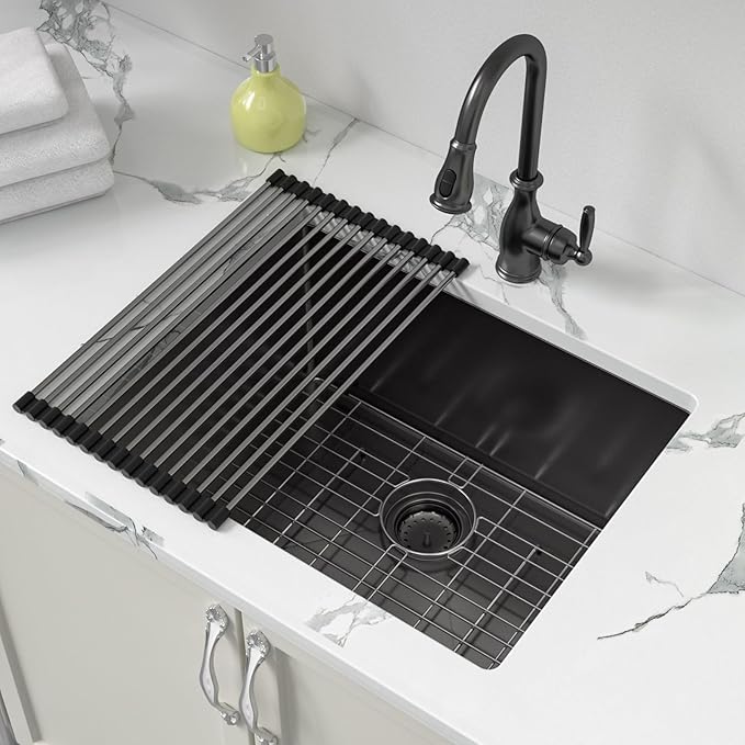 Sarlai 24 Inch Laundry Sink - 24x19 Inch Black Undermount Kitchen Sink 12 Inch Deep Utility Laundry Sinks Stainless Steel Single Bowl Under Counter Handmade Laundry Utility Room Basin