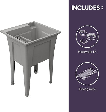 24” Utility Sinks for Laundry Room, Garage, Garden, Basement – Noah William Home Indoor and Outdoor Polypropylene Basement Wash Tub - No Faucet Included (Grey)
