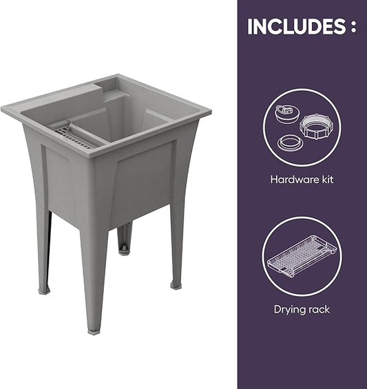 24” Utility Sinks for Laundry Room, Garage, Garden, Basement – Noah William Home Indoor and Outdoor Polypropylene Basement Wash Tub - No Faucet Included (Grey)