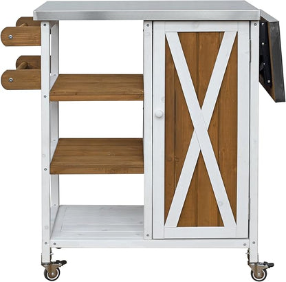 JIJIWANG 33.4" Foldable Outdoor Kitchen Island Patio Kitchen Island Outdoor Kitchen Cart Portable Prep Station with Lockable Wheels, Storage Cabinet and Towel Rack for Patio and Outdoor White+Brown