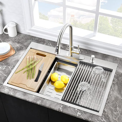 Stainless Steel Kitchen Sink Drop In-Hovheir 28x22 Drop In Top Mount Kitchen Sink Workstation Sinks 16 Gauge Stainless Steel Single Bowl Deep Sinks Overmount Basin with Cutting Board