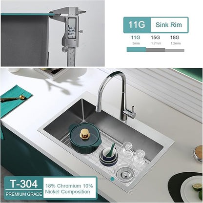 25 inch Kitchen Sink Single Bowl - Drop-in Topmount Kitchen Sink with Protective Bottom Grid, 304 Stainless Steel Overmount Kitchen Bar Sink Handmade with Basket Strainer, 25×18×9 inch