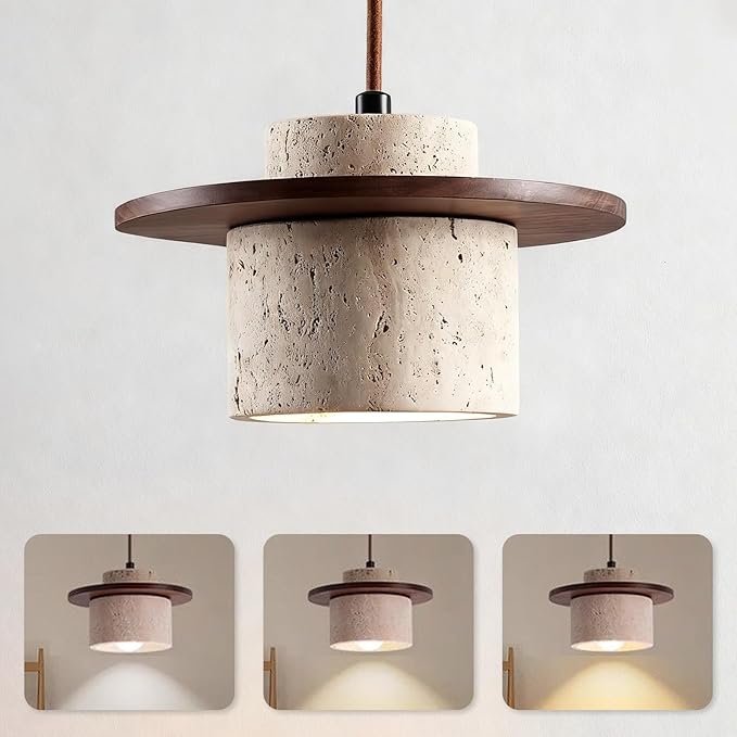 Japanese Wabi sabi Pendant Light with Natural Stone Shade, Dimmable Modern Wood Hanging Lamp Fixture, Adjustable Height Pendant Lamp for Bedroom, Kitchen Island, Dining Room, Restaurant, Cafe, Bar (C)