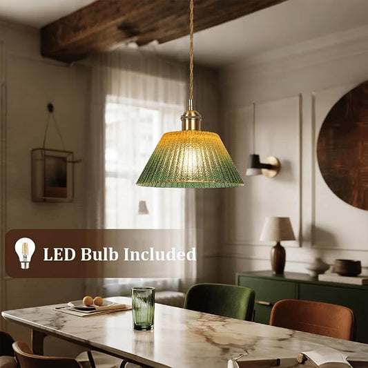 Glass Pendant Light Fixtures Adjustable Hanging Lamp, Gold Green Glass Pendant Lights Kitchen Island Dining Room Hallway Bedroom Living Room, LED Bulb Included