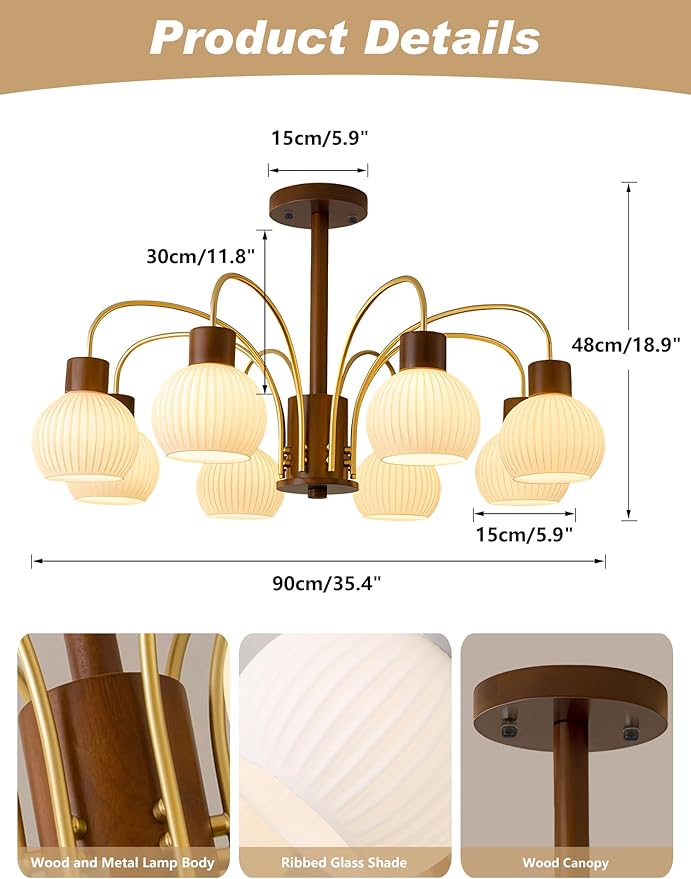 KCO Lighting Rustic Wood Sputnik Ceiling Light Fixture Ribbed Milk Glass Pendant Lights Kitchen Island 8 Lights Vintage Farmhouse Chandelier Lighting Modern White Gold Globe Chandelier