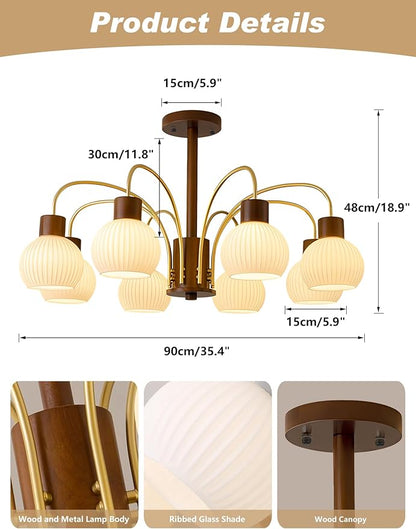 KCO Lighting Rustic Wood Sputnik Ceiling Light Fixture Ribbed Milk Glass Pendant Lights Kitchen Island 8 Lights Vintage Farmhouse Chandelier Lighting Modern White Gold Globe Chandelier