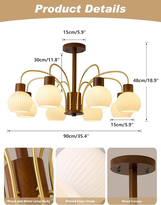 KCO Lighting Rustic Wood Sputnik Ceiling Light Fixture Ribbed Milk Glass Pendant Lights Kitchen Island 8 Lights Vintage Farmhouse Chandelier Lighting Modern White Gold Globe Chandelier