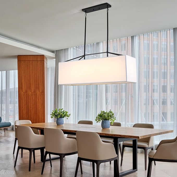 Dining Room Light Fixture Black Chandelier for Entryway 7-Light Large Linear Rectangle Island Lighting White Fabric Kitchen Pendant Light for Kitchen Bedroom Foyer Living Room