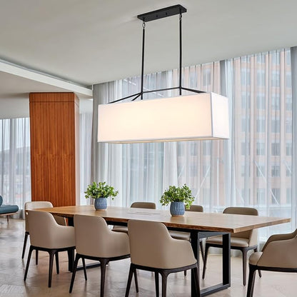 Dining Room Light Fixture Black Chandelier for Entryway 7-Light Large Linear Rectangle Island Lighting White Fabric Kitchen Pendant Light for Kitchen Bedroom Foyer Living Room