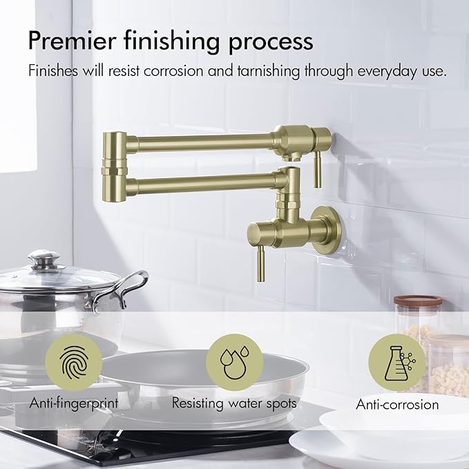 BAGNOLUX Brushed Gold Pot Filler Faucet, Traditional Double Handle Coffee Machine Wall Mount with Spout Reach Double-Jointed Swivel Stove Brass Kitchen Faucet 23.4 Inch, Brushed Light Yellow Gold