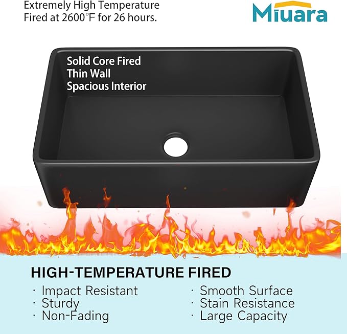 Miuara Black Farmhouse Sink 33 Inch - Large Apron Front Undermount Kitchen Sink 33x20x10, Farm House Style Deep Single Bowl, Heavy Duty Solid Fireclay, Matte Black, for Kitchen