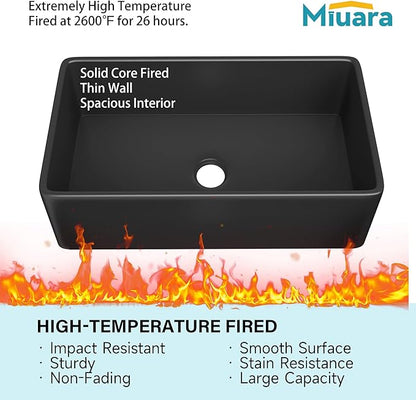 Miuara Black Farmhouse Sink 33 Inch - Large Apron Front Undermount Kitchen Sink 33x20x10, Farm House Style Deep Single Bowl, Heavy Duty Solid Fireclay, Matte Black, for Kitchen