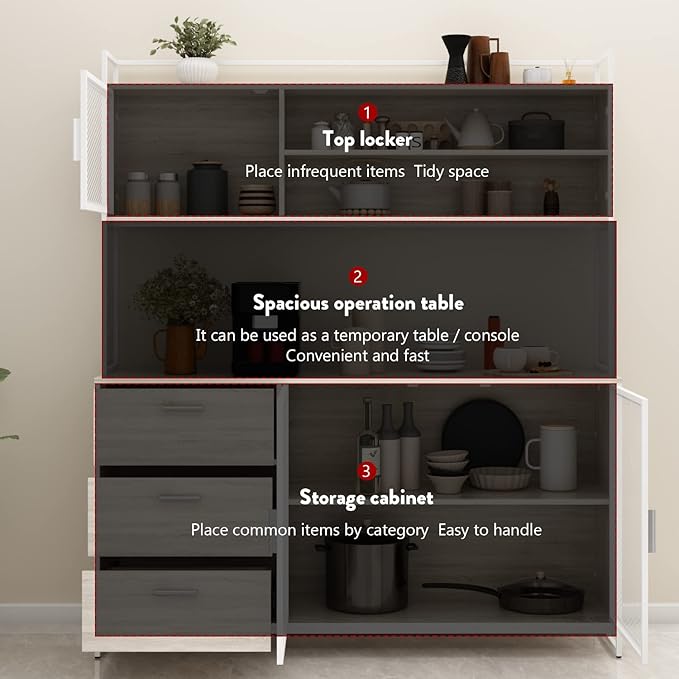 AGOTENI Large Kitchen Hutch Cabinet, Storage Cupboard Pantry with 3 Metal Doors, 3 Drawers & Microwave Shelf, for Kitchen Open Storage, Oak (59" W x 15.7" D x 68.5" H)