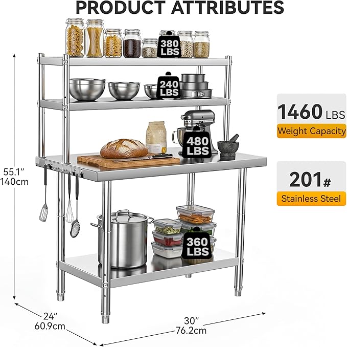 DWVO 30x24in Stainless Steel Table, NSF Metal Prep Worktable with Adjustable Overshelf for Kitchen Restaurant Hotel Garage Warehouse Home
