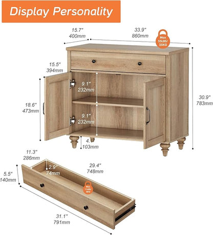 WAMPAT 34’‘ Oak Buffet Cabinet with Doors and Drawer, Wood Kitchen Storage Cabinet Modern Farmhouse Coffee Bar Table Sideboard Credenza for Dining Room