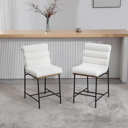 White Boucle Bar stools Set of 6, 25” Modern Upholstered Counter stools with Black Metal Legs, Sherpa Counter Height Chairs for Kitchen Island Armless Stool with Channel Tufted Back