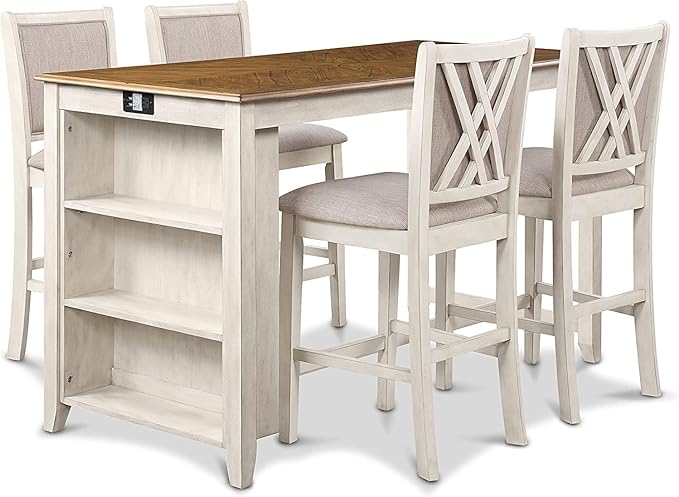 New Classic Furniture Amy Farmhouse Kitchen Counter Island Dining Table for 4 with Storage Shelf & USB Chargers, 60-Inch, Two Tone Vintage White/Brown