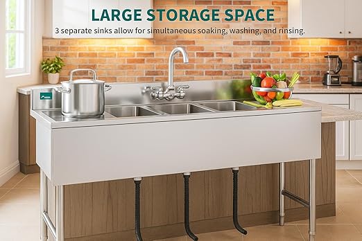 YITAHOME 60inch 3 Compartment Commercial Bar Sink with Drainboards, NSF Heavy-Duty Stainless Steel Freestanding Prep Utility Sink for Restaurant Kitchen