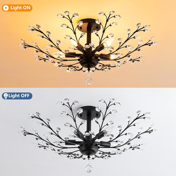 Modern 5 Light Small Crystal Chandelier 30 Inch Black Semi Flush Mount Ceiling Light Fixture for Kitchen Dining Room Bedroom Entryway Living Room Hallway, E12